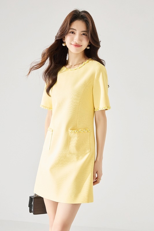黃S/L【零碼出清不退換】小香風滾花口袋洋裝