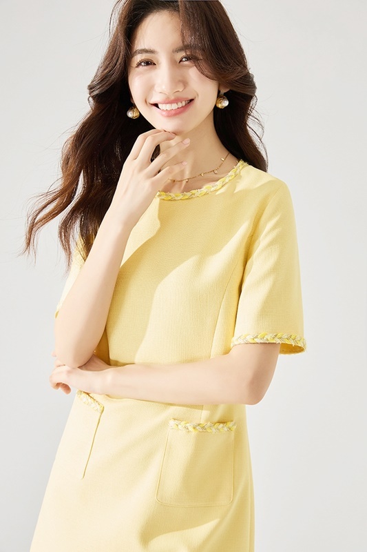 黃S/L【零碼出清不退換】小香風滾花口袋洋裝