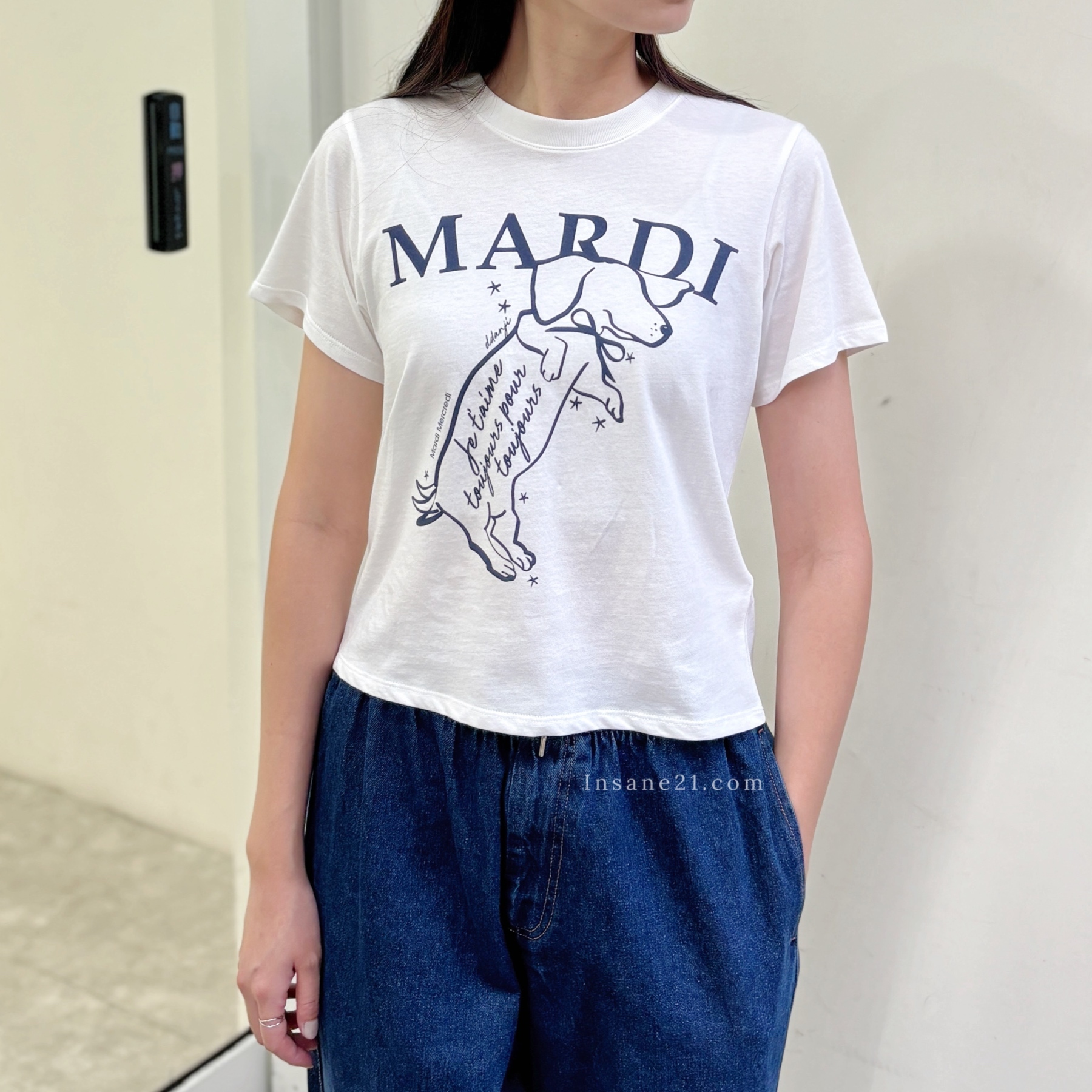 MARDI MERCREDI 韓國 短板 短袖上衣 合身 臘腸 線條狗 深藍