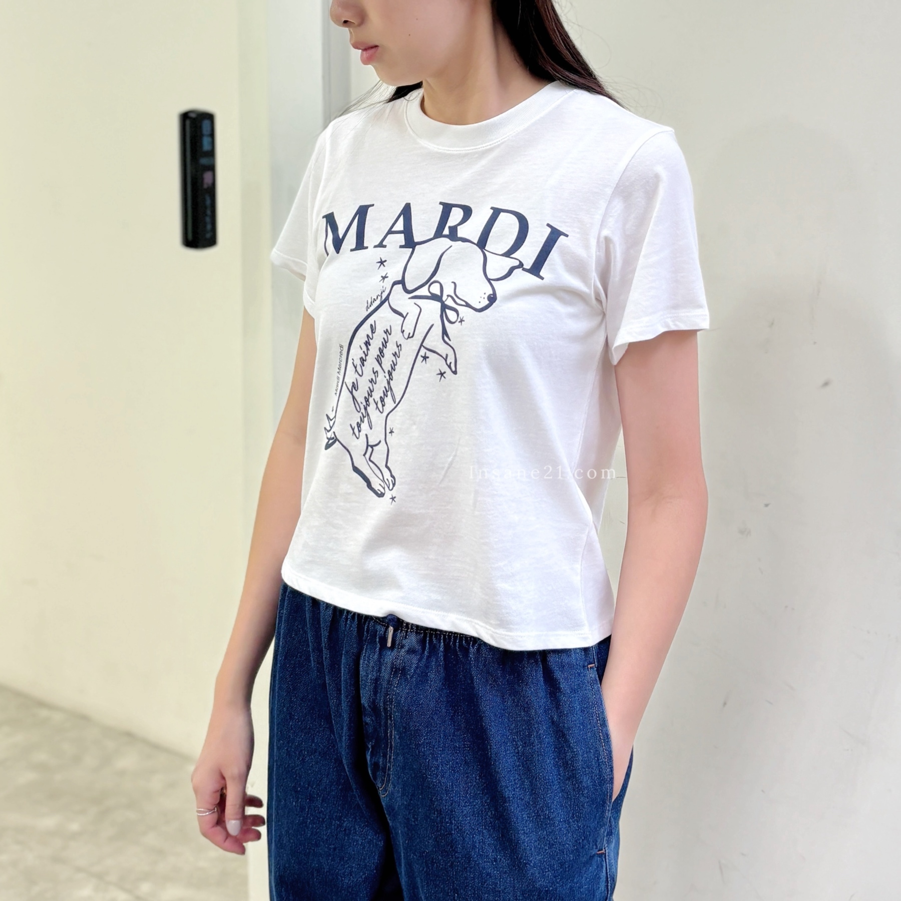 MARDI MERCREDI 韓國 短板 短袖上衣 合身 臘腸 線條狗 深藍