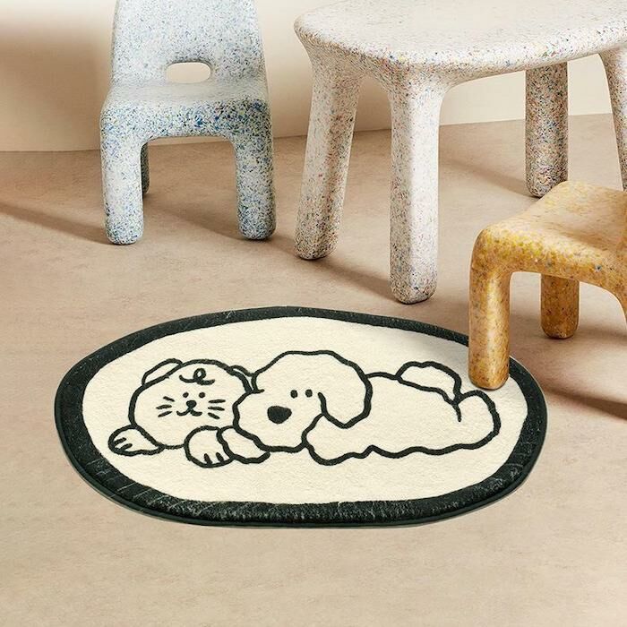 《51830》狗狗與喵喵黑邊橢圓型地毯地墊