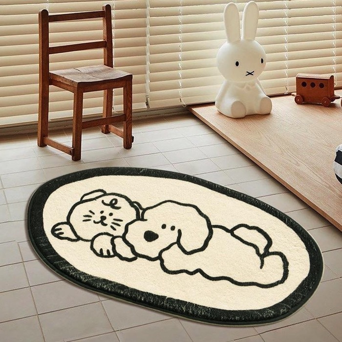 《51830》狗狗與喵喵黑邊橢圓型地毯地墊