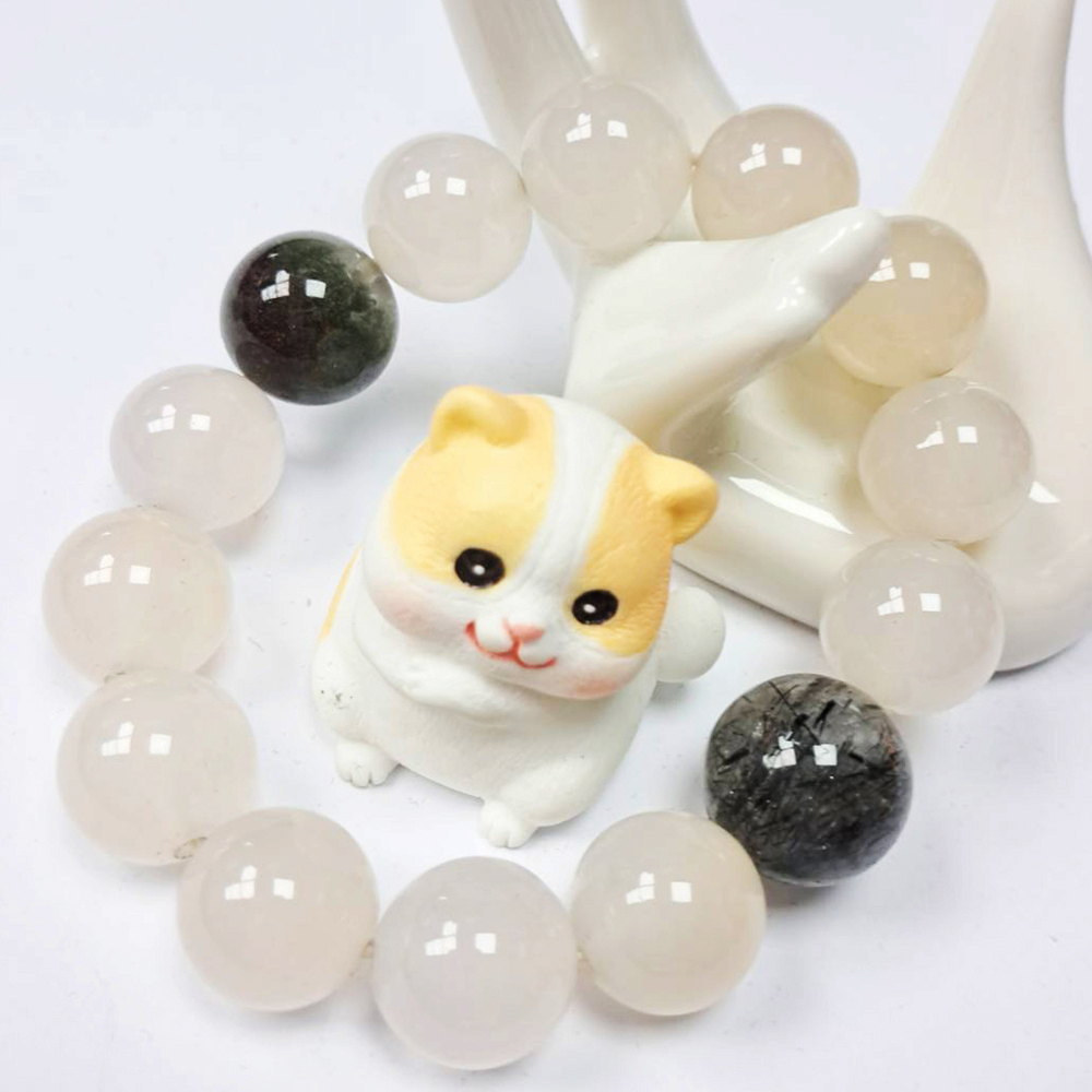 黑碧璽髮晶+白玉髓手珠14mm【十方】135667