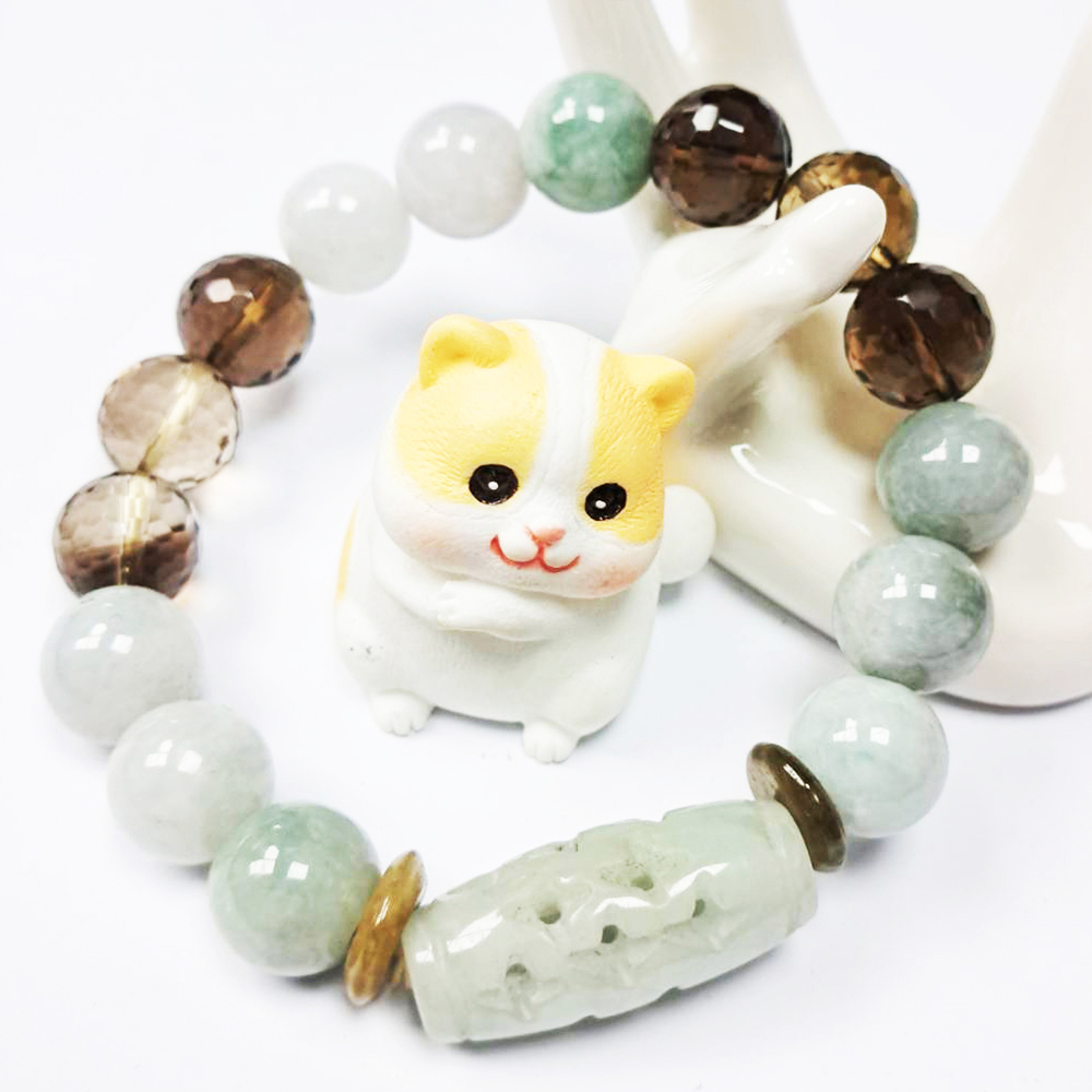 玉{天珠}+茶晶+緬甸玉手珠12mm【十方】135696