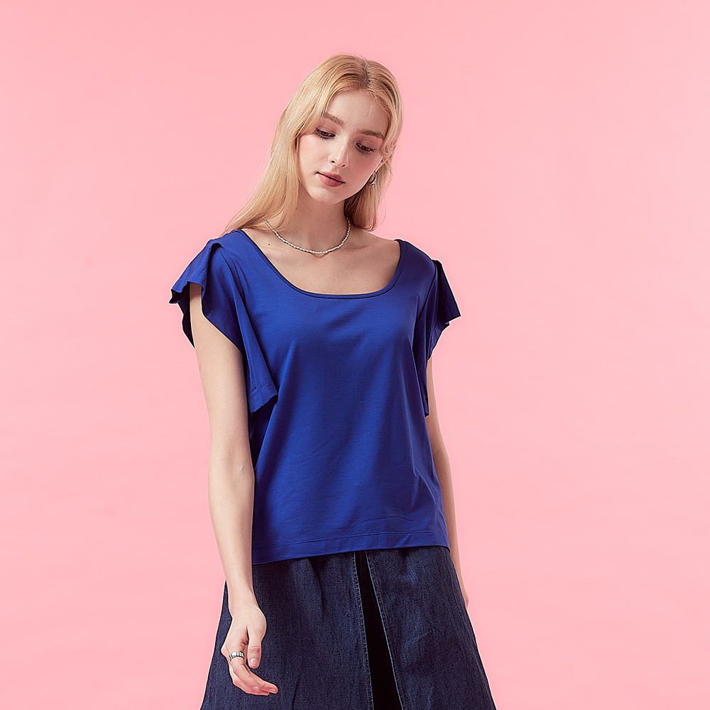 Cop.Copine 法式兩穿袖設計微露肩不規則拼接造型上衣-Cop.Copine 法國藍