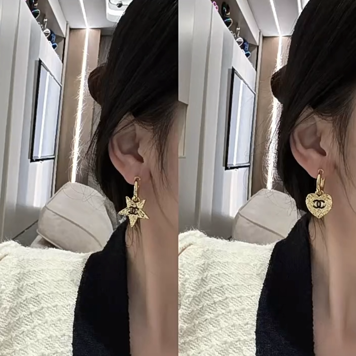 18k 24p黑金拉絲雙c心星不對稱吊墜