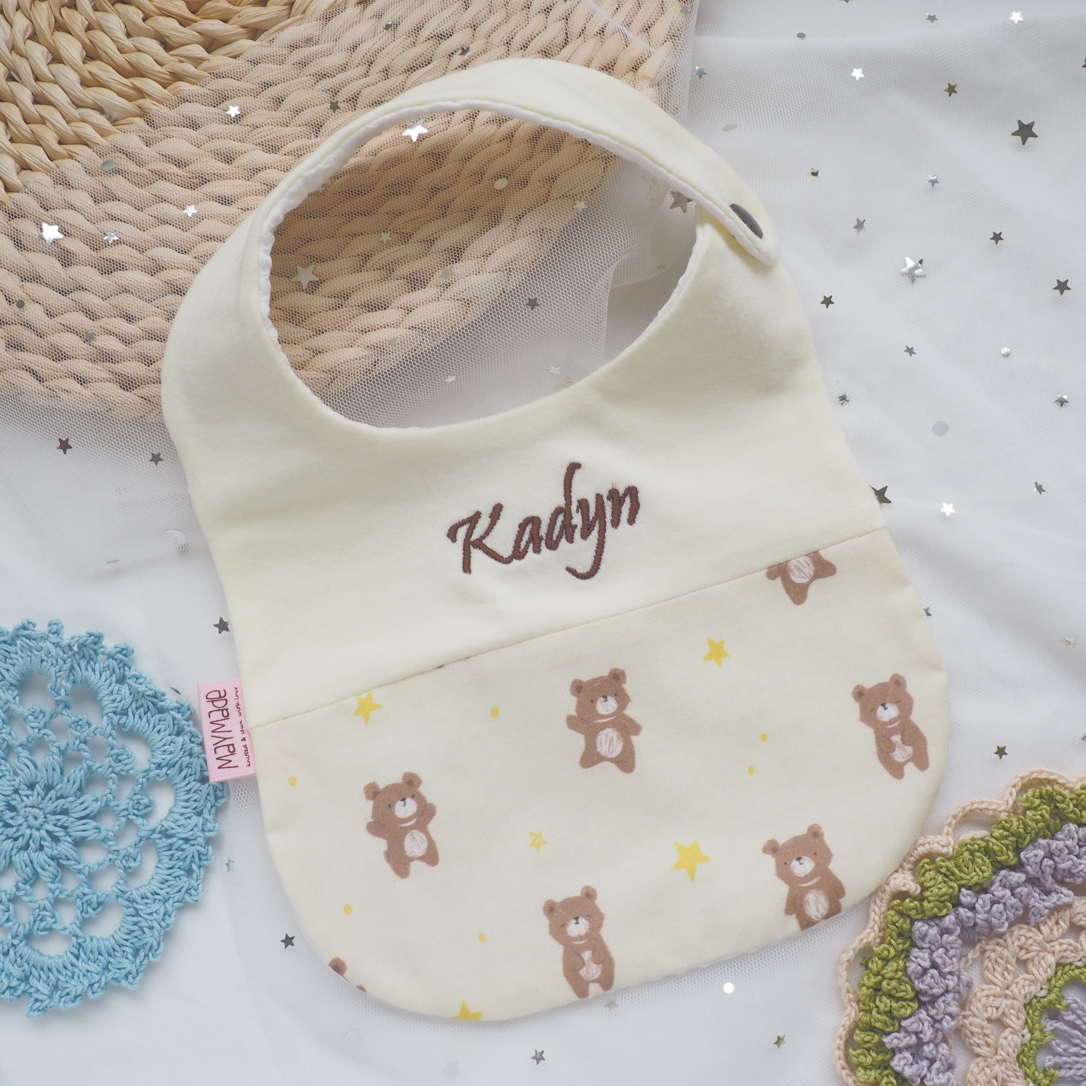 [SALE] 小熊圖案 拼布款繡名口水肩