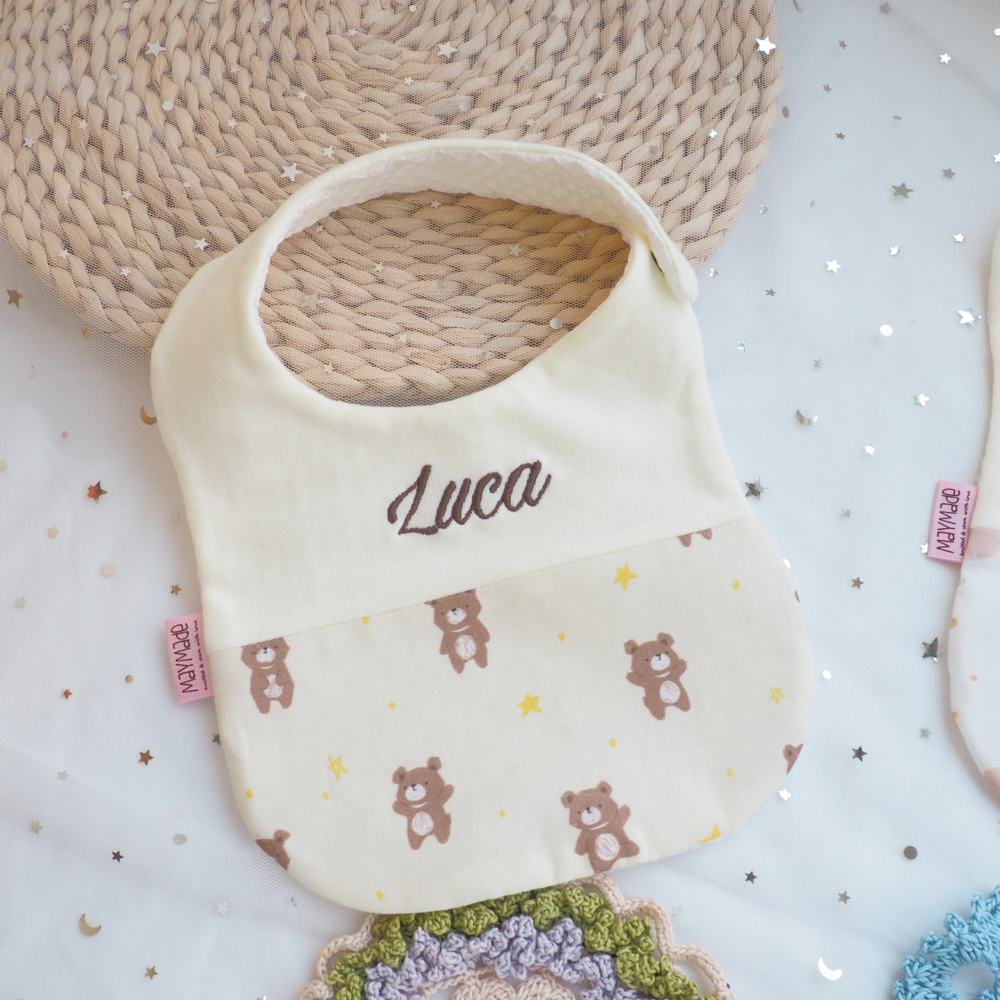 [SALE] 小熊圖案 拼布款繡名口水肩