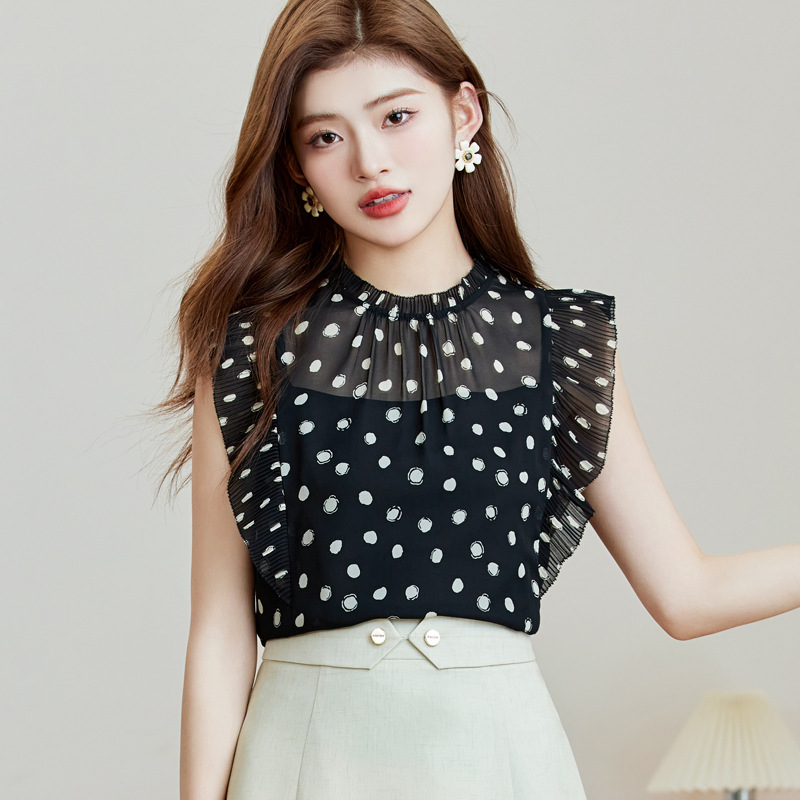 圓點荷葉無袖雪紡上衣 兩色