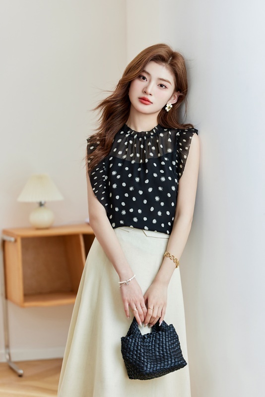 圓點荷葉無袖雪紡上衣 兩色