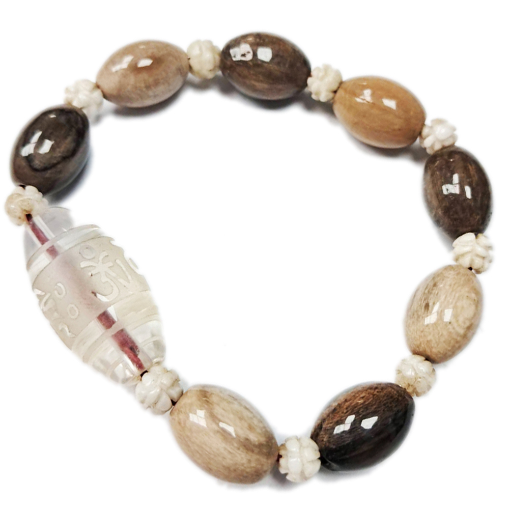 水晶{六字真言}& 木化石手珠14*9mm【十方】121983