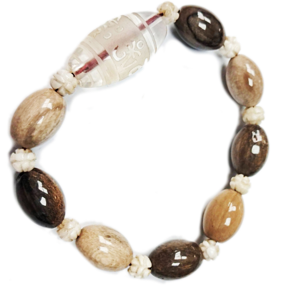 水晶{六字真言}& 木化石手珠14*9mm【十方】121983