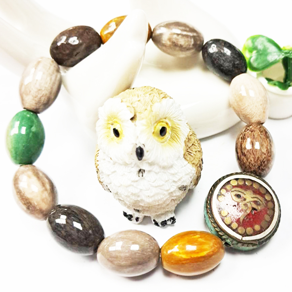 嗡(銅珠)& 木化石手珠14*9mm【十方】130360