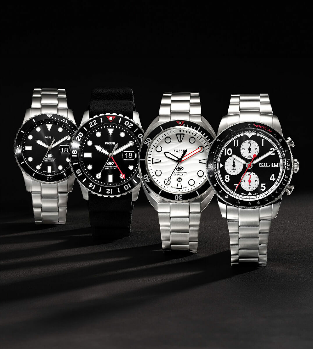 四款高性能奢華腕錶，包括 Fossil Blue Dive、Fossil Blue GMT、Breaker Dive 和 Sport Tourer。