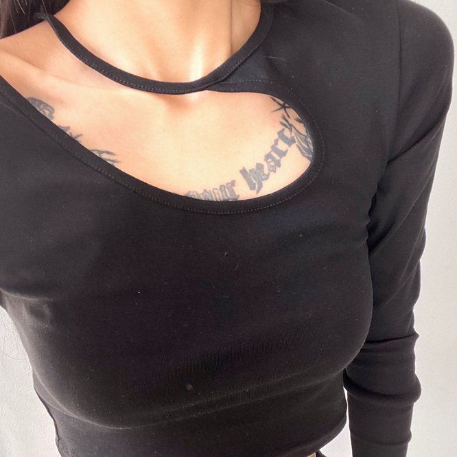 Hot selling short hollow tight long-sleeved T-shirt (black) (S/M size) (contact customer service after placing the order to confirm the delivery size)