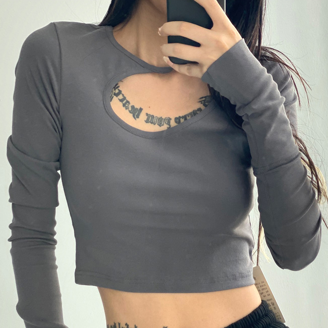 Hot selling short hollow tight long-sleeved T-shirt (dark gray) (S/M size) (contact customer service after placing the order to confirm the delivery size)
