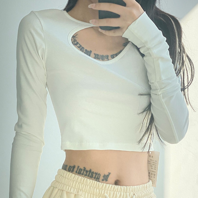 Hot selling short hollow tight long-sleeved T-shirt (white) (S/M size) (contact customer service after placing the order to confirm the delivery size)