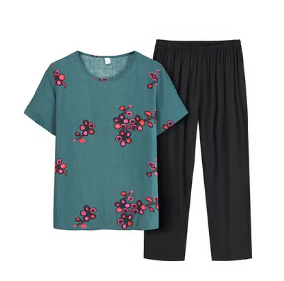 Summer two-piece set for middle-aged and elderly people (bean green) [Size: XL-4XL] [Contact customer service to confirm the shipping size after placing an order]