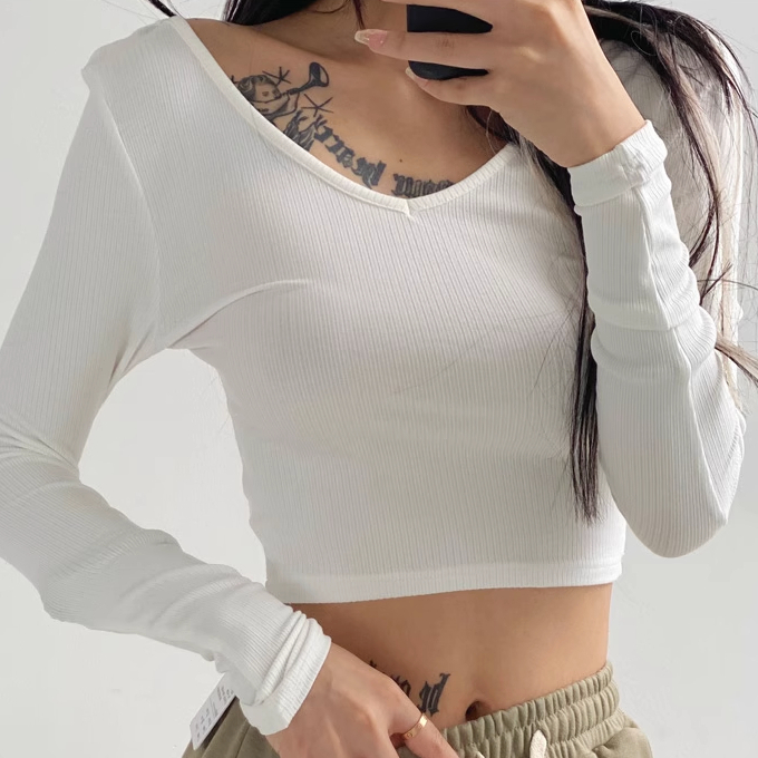 Hot selling V-neck long-sleeved navel-baring tight T-shirt (white) (S/M size) (contact customer service after placing the order to confirm the delivery size)
