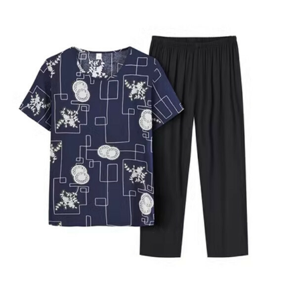 Summer two-piece set for middle-aged and elderly people (plaid navy blue) [Size: XL-4XL] [Contact customer service to confirm the shipping size after placing an order]