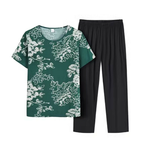 Summer two-piece set for middle-aged and elderly people (floral green) [Size: XL-4XL] [Contact customer service to confirm the shipping size after placing an order]