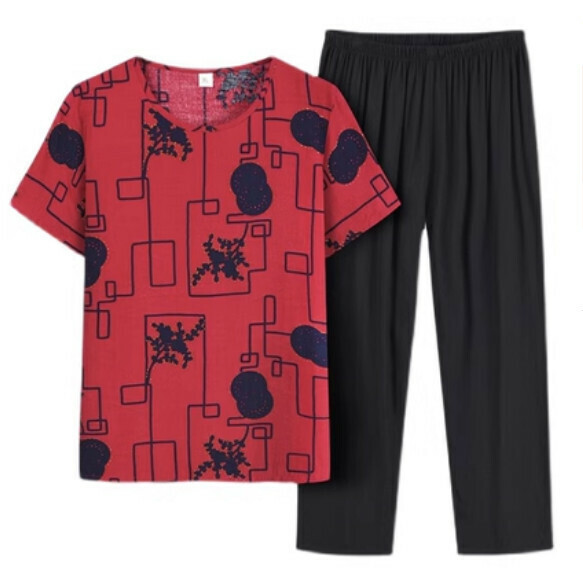 Summer two-piece set for middle-aged and elderly people (plaid jujube red) [Size: XL-4XL] [Contact customer service to confirm the shipping size after placing an order]