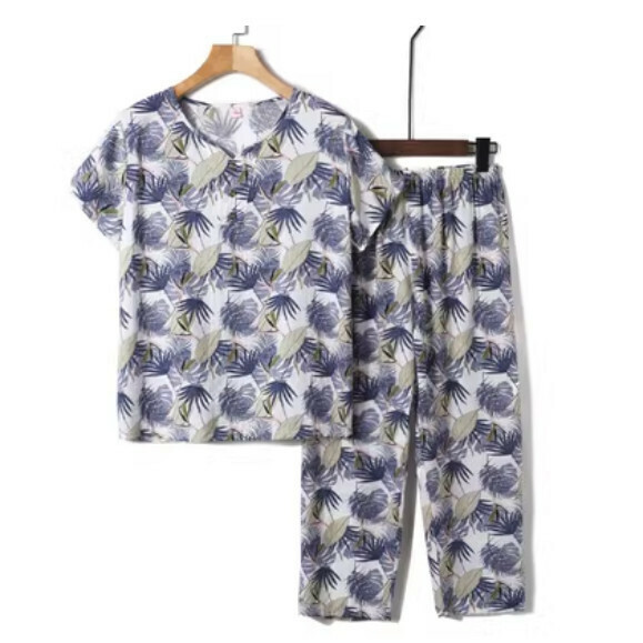 Summer Middle-aged and Elderly Silk Set (Blue Maple Leaf) [Size: XL-4XL] [Contact Customer Service to Confirm Shipping Size after Placing an Order]
