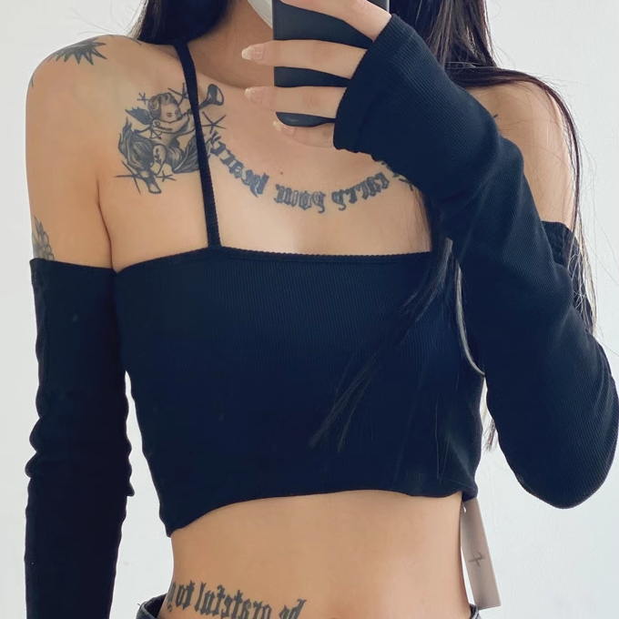 Hot selling halterneck vest with sleeves (black) (S/M size) (contact customer service after placing the order to confirm the delivery size)