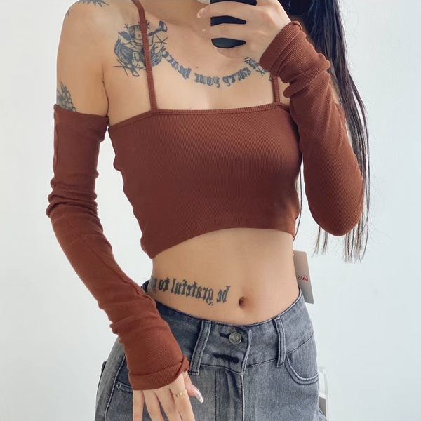 Hot selling halterneck vest with sleeves (coffee color) (S/M size) (contact customer service after placing the order to confirm the delivery size)