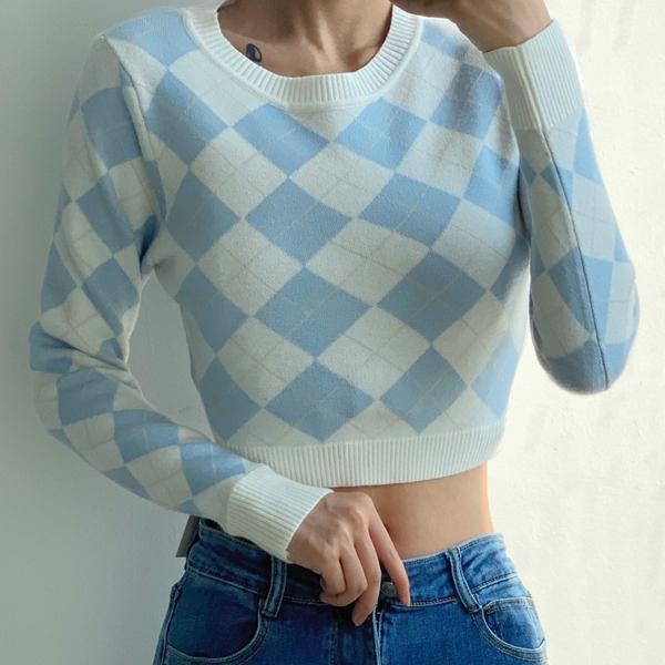 Hot Selling Diamond Round Neck Long Sleeve Sweater (Light Blue Check) (S/M Size) (Contact customer service after placing the order to confirm the delivery size)