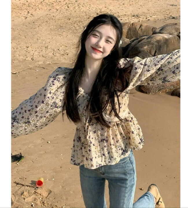Hot selling drawstring long-sleeved waist slimming French floral shirt (apricot) (size: S/M/L/XL) (contact customer service after placing the order to confirm the delivery size)