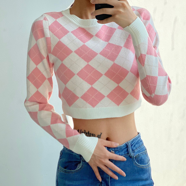 Hot Selling Diamond Round Neck Long Sleeve Sweater (Pink Check) (S/M Size) (Contact customer service after placing order to confirm delivery size)