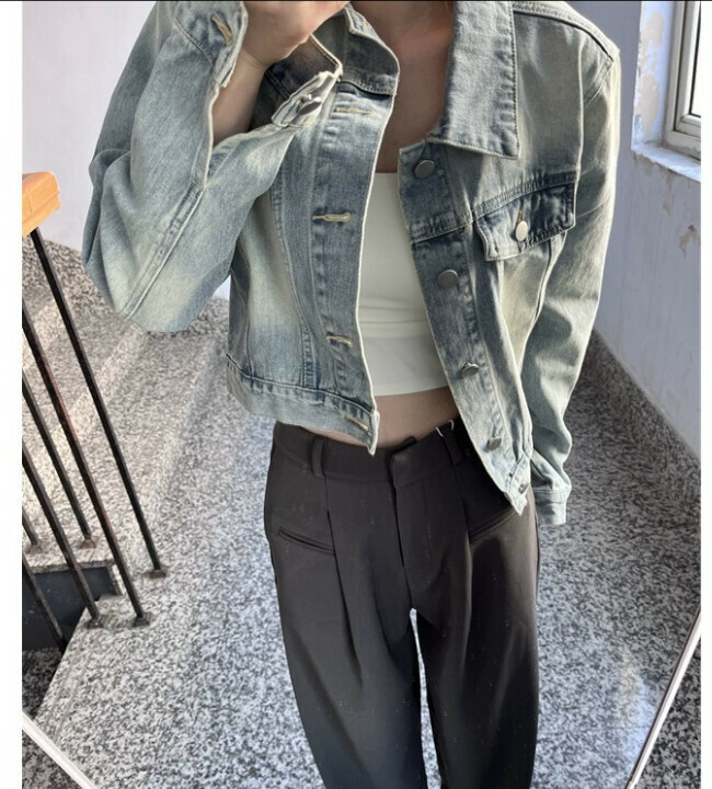 Hot selling loose washed denim short jacket (denim jacket) (size: S/M/L/XL) (contact customer service after placing the order to confirm the delivery size)
