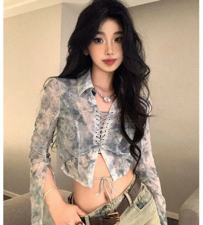 Hot selling tie-dyed long-sleeved tops chiffon shirt (light blue) (size: S/M/L/XL) (contact customer service after placing the order to confirm the delivery size)