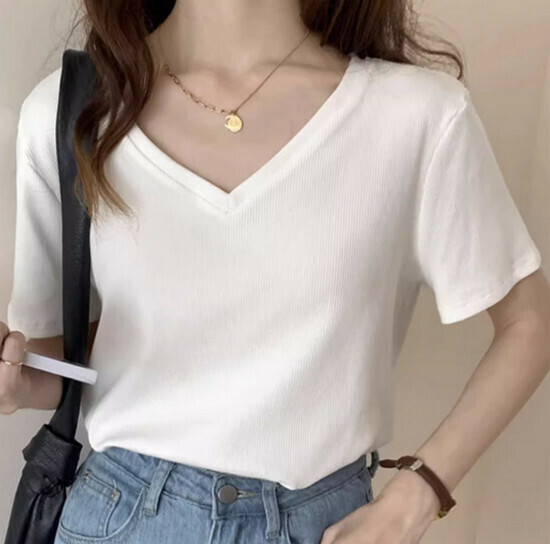 Hot selling v-neck short-sleeved T-shirt [White] [S-XL size] (please contact customer service to confirm the delivery size after placing the order)