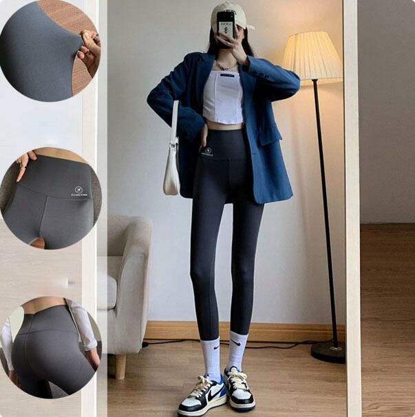 High-waisted bottoming shark pants (cropped gray - airplane logo small - large size) [After placing an order, please contact customer service to confirm the shipping size]