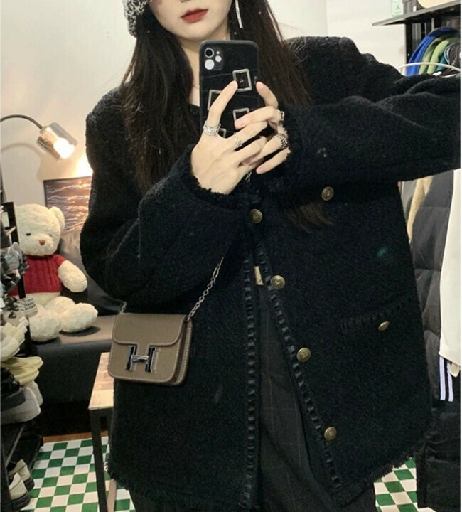 Hot selling French style jacket tweed jacket top (black jacket) (size: S/M/L/XL) (contact customer service after placing the order to confirm the delivery size)