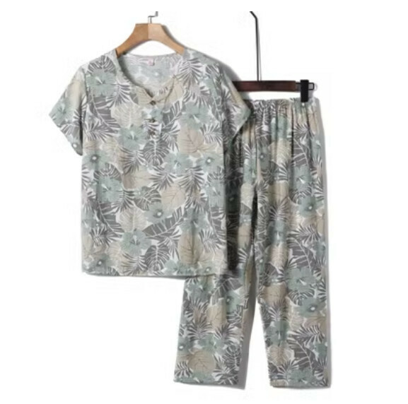 Summer Middle-aged and Elderly Cotton Silk Set (Green Leaf) [Size: XL-4XL] [Contact Customer Service to Confirm Shipping Size after Placing an Order]