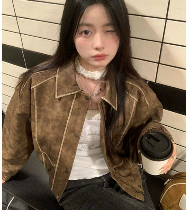Hot selling short jacket, retro washed distressed jacket, motorcycle top (brown) (size: S/M/L/XL) (contact customer service after placing the order to confirm the delivery size)