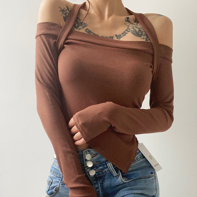 Hot selling one-shoulder halterneck long-sleeved T-shirt (brown) (S/M size) (contact customer service after placing the order to confirm the delivery size)