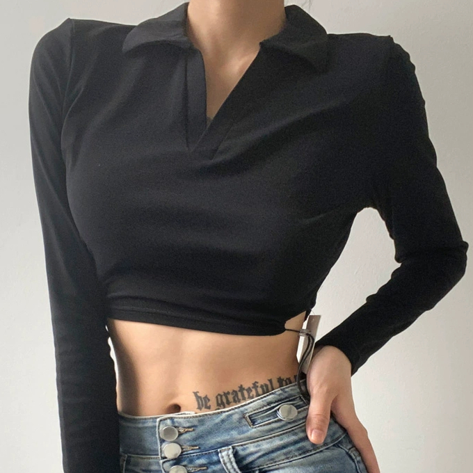 Hot selling solid color lapel long-sleeved waist top (black) (S/M size) (contact customer service after placing the order to confirm the delivery size)