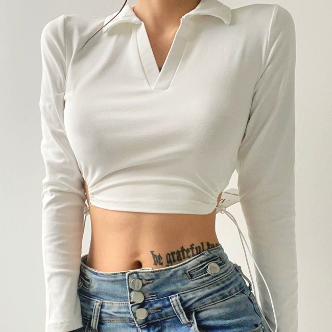 Hot selling solid color lapel long-sleeved waist top (white) (S/M size) (contact customer service after placing the order to confirm the delivery size)