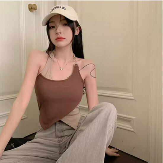Hot selling irregular fake two-piece halterneck camisole [brown] [one size fits all]