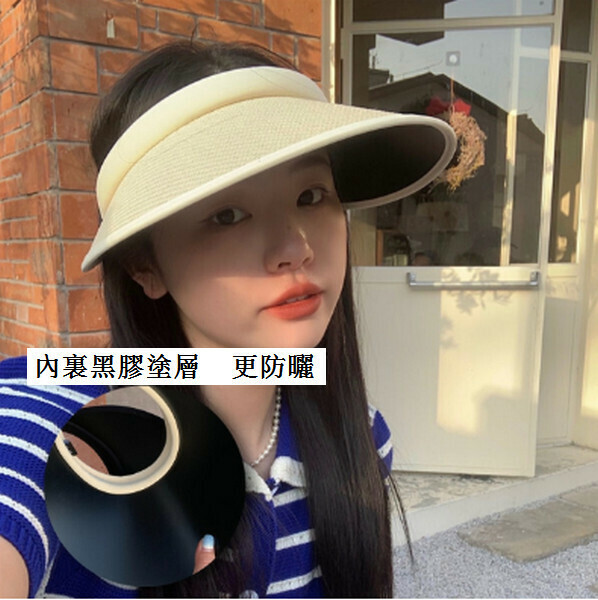 Straw outdoor vinyl sunscreen large brim empty top sunhat [white apricot] [adjustable]
