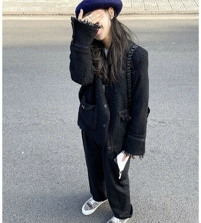 Hot selling French style jacket tweed jacket top (black) (size: S/M/L/XL) (contact customer service after placing the order to confirm the delivery size)