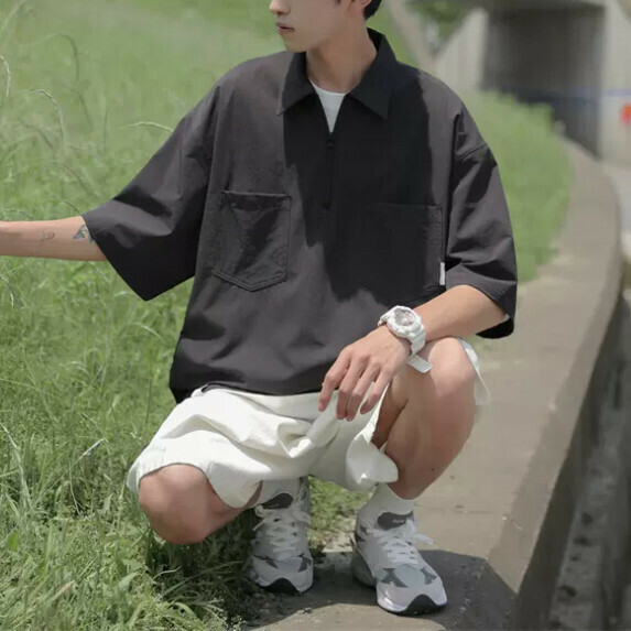 Half zipper lapel T-shirt men's summer (black [size M_2XL] (contact customer service to confirm the shipping size after placing an order)