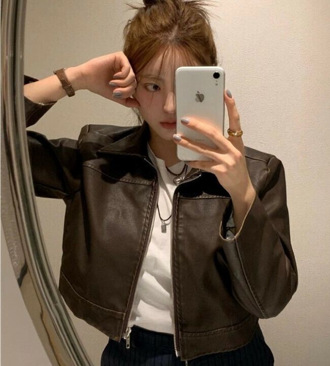 Hot selling American short coat pu leather jacket top (brown) (size: S/M/L/XL) (contact customer service after placing the order to confirm the delivery size)