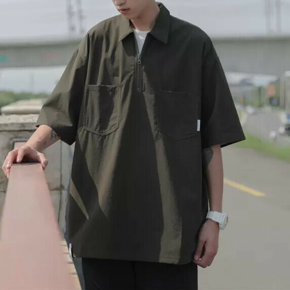 Half zipper lapel T-shirt men's summer (army green [size M_2XL] (contact customer service to confirm the shipping size after placing an order)