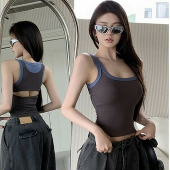 Hot selling contrasting color camisole [grey and blue] [S-M size] (please contact customer service to confirm the delivery size after placing the order)