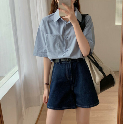 Lapel short-sleeved shirt (blue S-L contact customer service to confirm shipping size after placing an order)